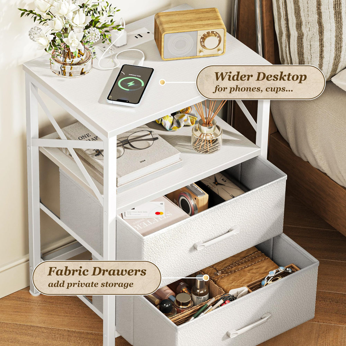 Huuger Nightstands Set of 2, Night Stand with Charger Station, 2 Drawer Side Table with Open Shelf, USB-C Port, End Table for Small Spaces, X Shaped Side Rail, White