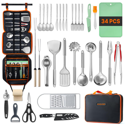 Gaialoop Camping Cooking Utensils Set 34 PCS Camp Kitchen Cookware Kit with Organizer Bag, Portable RV Camping Essentials Camper Must Haves for Cookouts Open Fire Pit