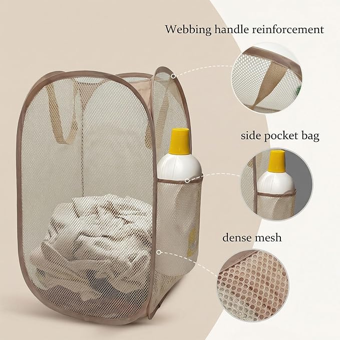 The upgraded pop-up laundry basket features a breathable side pocket mesh design
