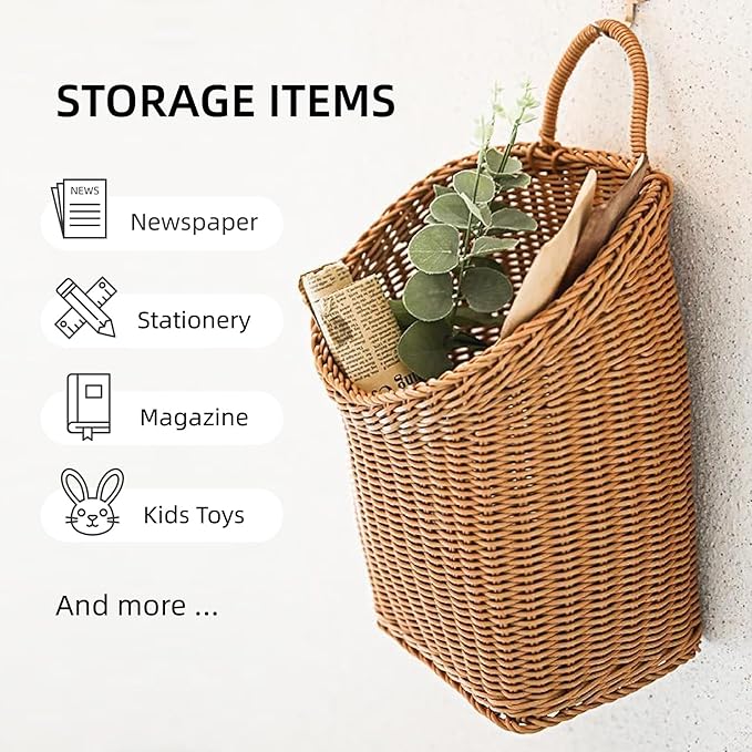 Woven Hanging Wicker Basket for Door, Handmade Rattan Hanging Wall Baskets for