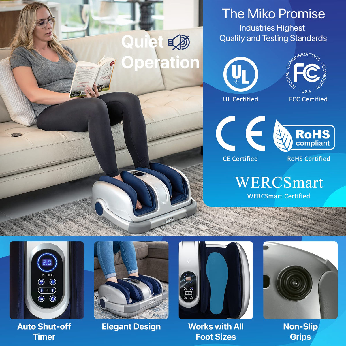 MIKO Shiatsu Foot Massager for Circulation & Pain Relief - Deep Tissue Kneading, Heat Therapy for Plantar Fasciitis, Neuropathy, Diabetics - FSA/HSA Eligible - Fits Up to Size 15