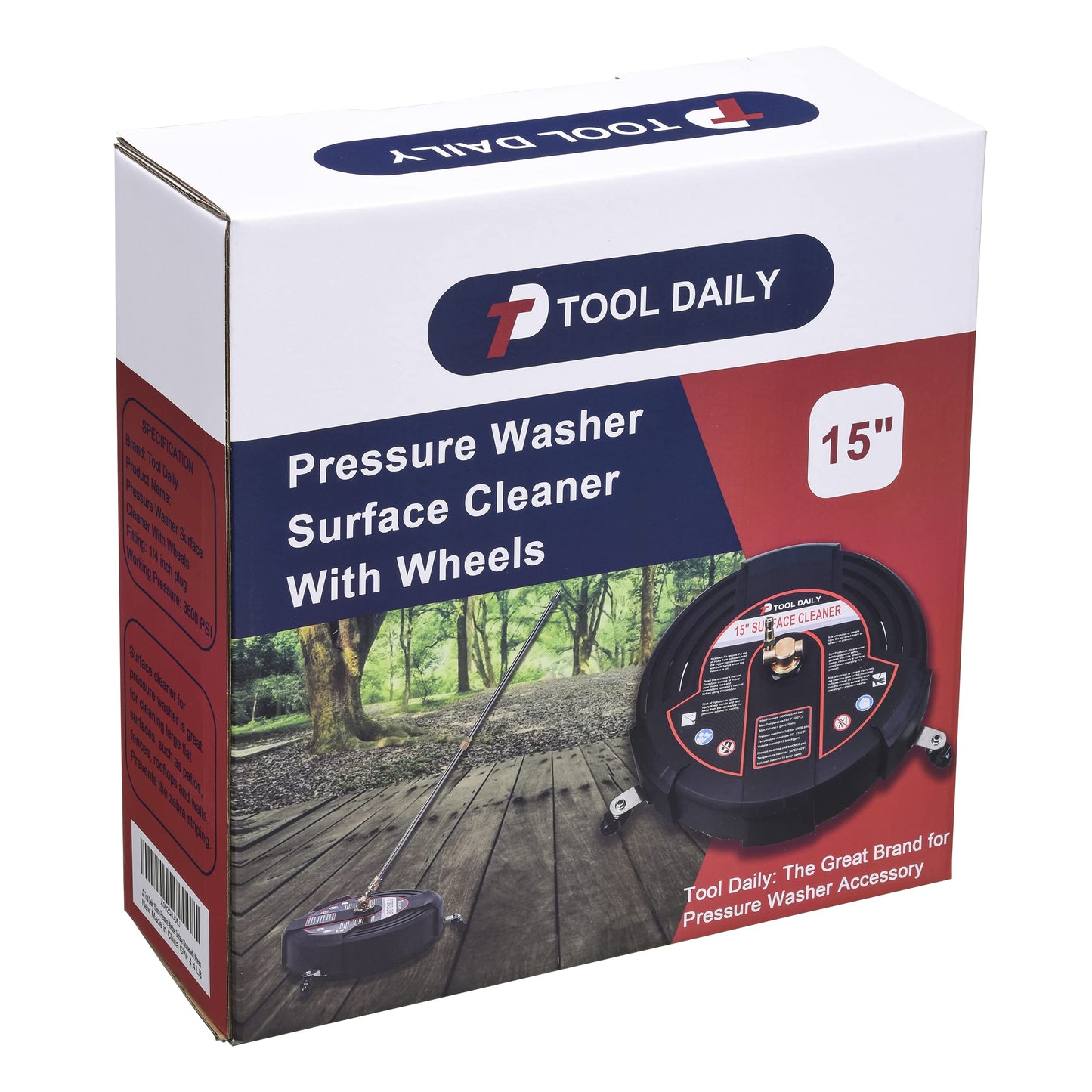 Tool Daily 15 Inch Pressure Washer Surface Cleaner Attachment with Wheels, with 2 Power Washer Extension Wands and 2 Replacement Nozzles, 3600 PSI