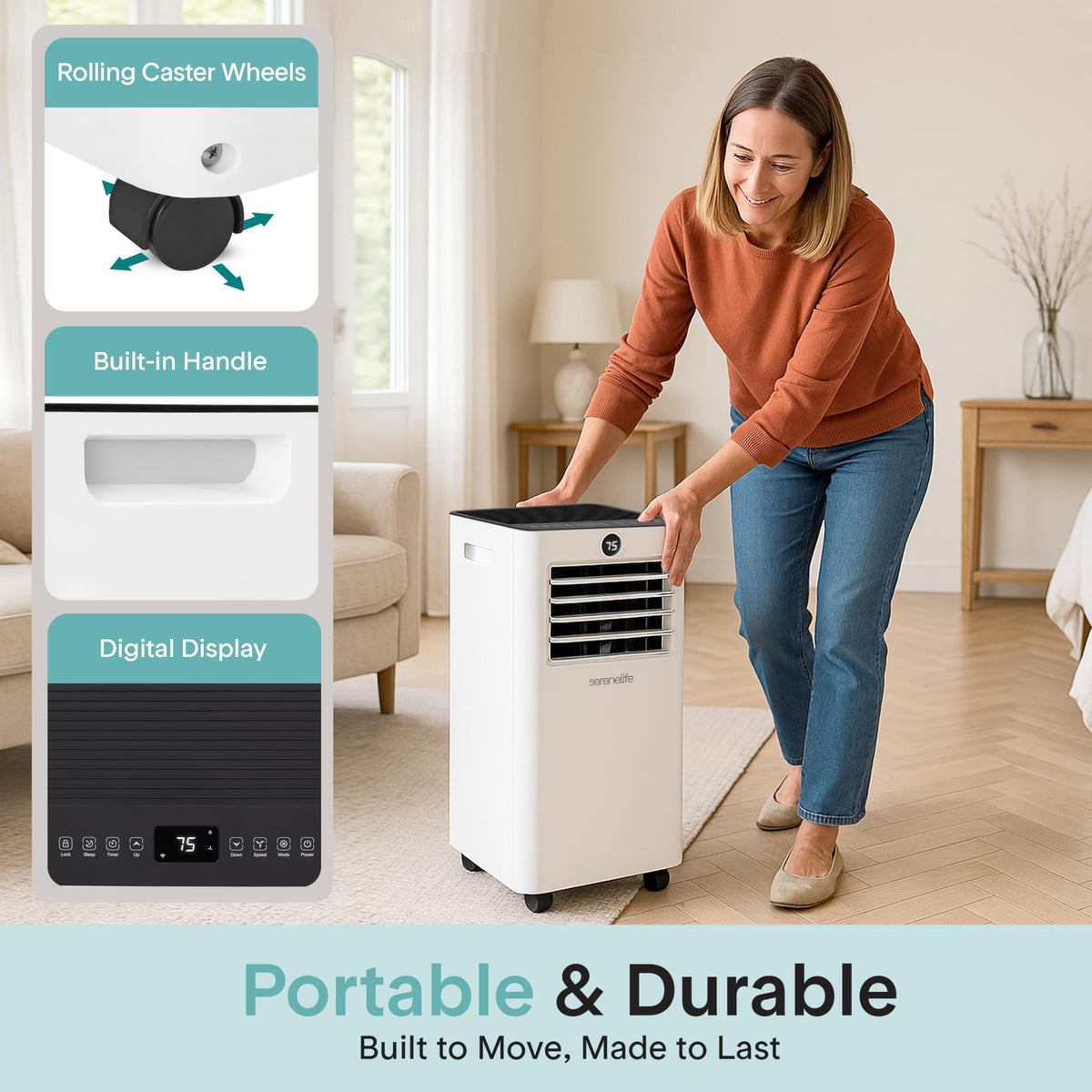 SereneLife 8000 BTU Portable Air Conditioner & Heater with WiFi, 4-in-1 Cooling, Heating, Fan & Dehumidifier, 24-H Timer, Covers 350 Sq Ft, for Bedroom, Home & Office, Includes Window Kit & Remote