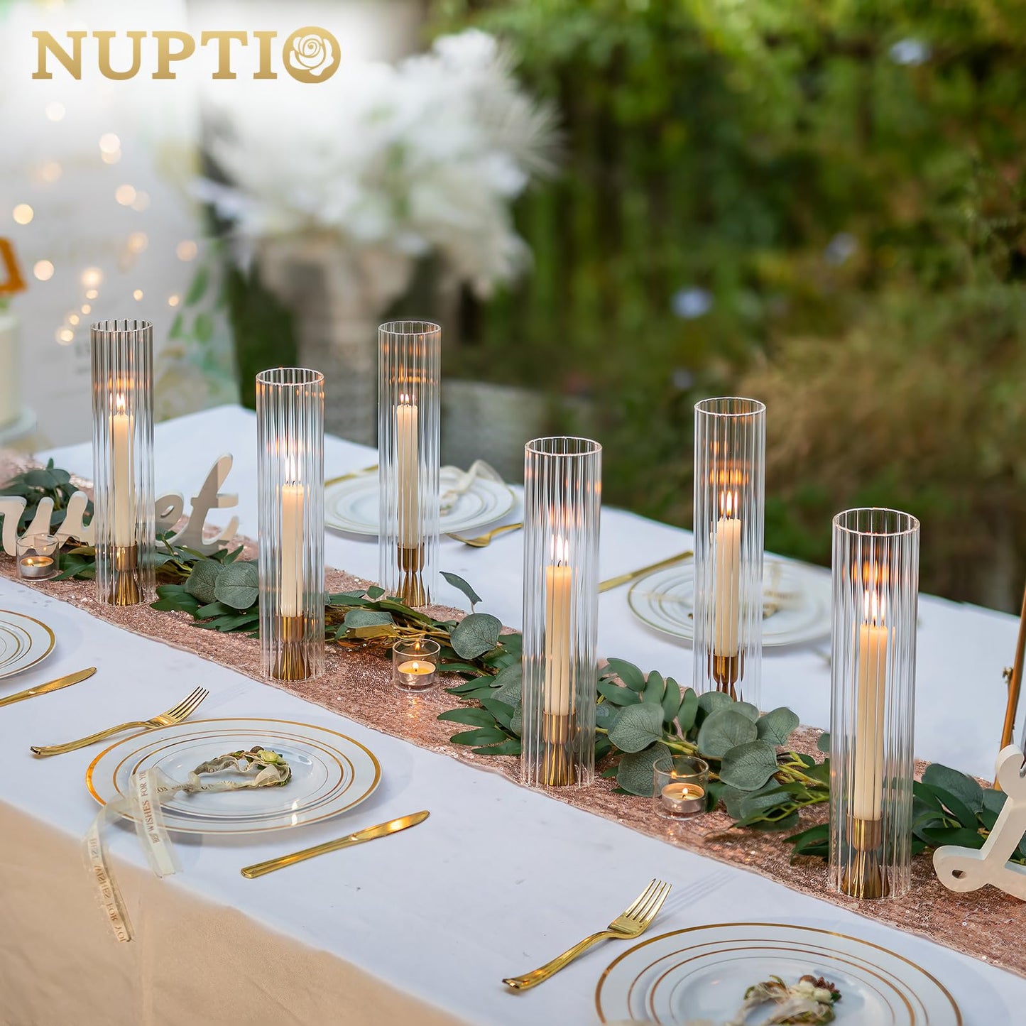 NUPTIO Hurricane Candle Holder Fluted: 2.5 x 12 inches Ribbed Glass Shade for Candlestick - Bulk Decorative Bottomless Cylinder Taper Candle Cover for Outdoor Table Centerpiece