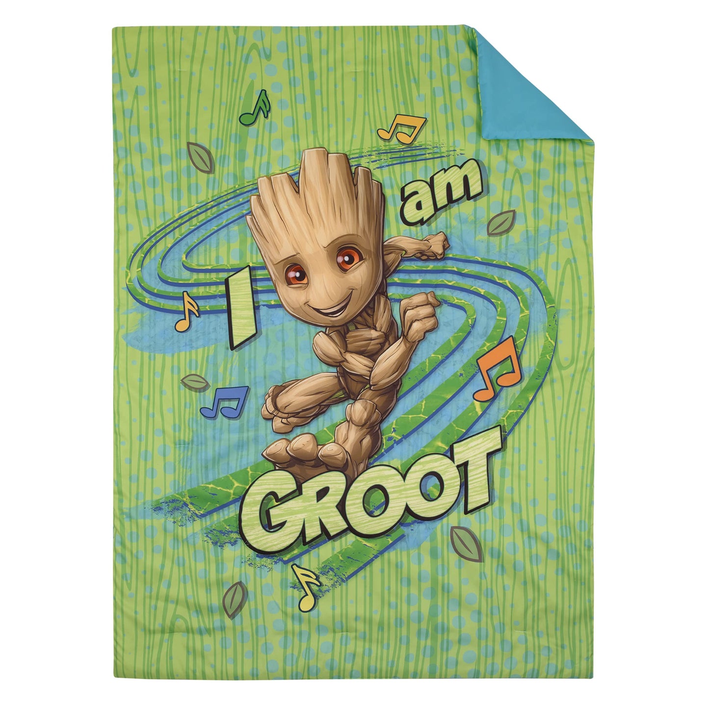 NoJo Marvel Guardians of The Galaxy I Am Groot Green and Blue 4 Piece Toddler Bed Set - Comforter, Fitted Bottom Sheet, Flat Top Sheet, and Reversible Pillowcase
