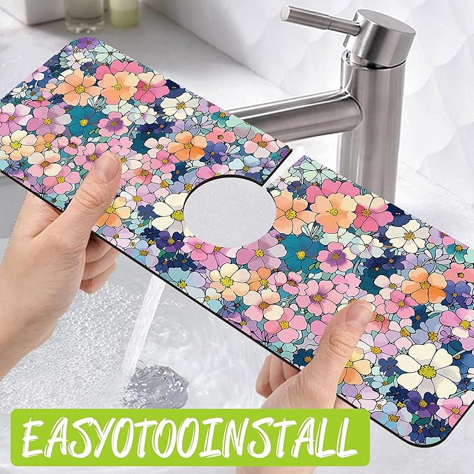 Sink Faucet Absorbing Mat Cute Flowers Sink Splash Guard Drying Mat
