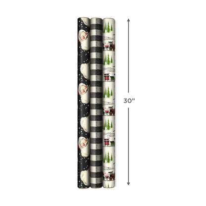 Hallmark Black Christmas Wrapping Paper with Cut Lines on Reverse (3 Rolls: 120 sq. ft. ttl) Retro Santa, Black and White Buffalo Plaid, Train and Trees (0005JXW1077)