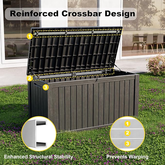 ROJIK Outdoor Storage Housing Deck Box - Waterproof Patio Furniture, Garden Tools, Cushions, Pool Accessories Storage Bench with Lockable Lid and Side Handles (Black 158 Gal)