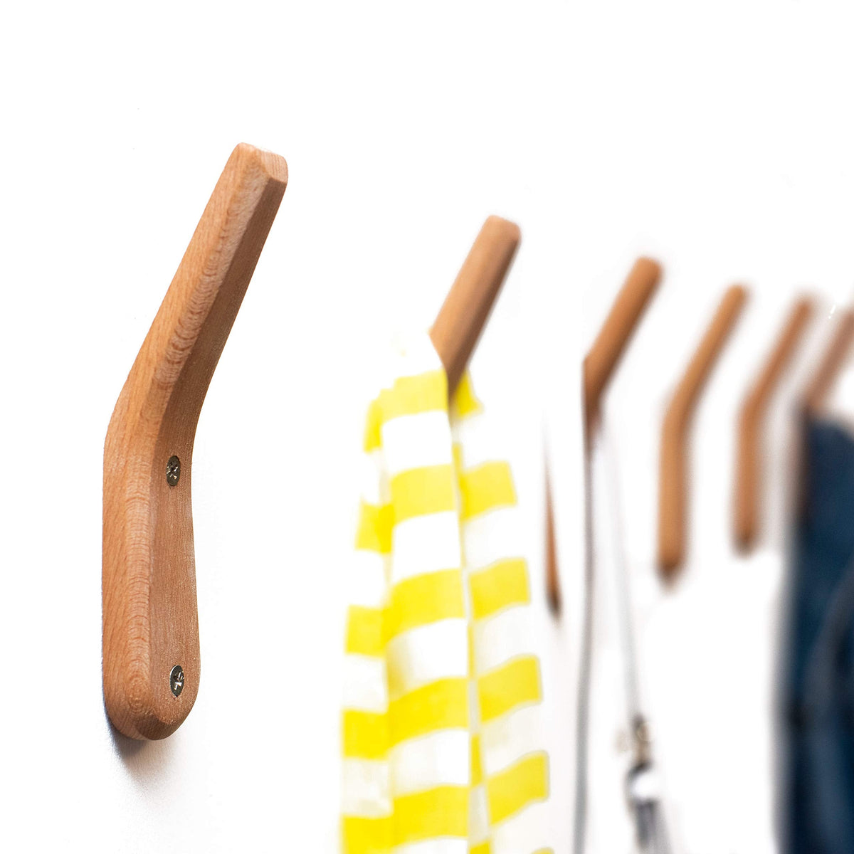 UMZi Wood Wall Hooks, 2 Pack Coat Hooks Mounted Rustic Wooden Heavy Duty Robe Hook Hat Rack | for Hanging Bathroom Towels Clothes Hanger (Beech Wood)