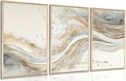 3Pcs Gold Abstract Marble Canvas Wall Art Modern Grey and Gold Fluid Painting Picture Wall Decor neutral Marble Poster Print Artwork for Bedroom Living Room Office Hotel Home Decoration