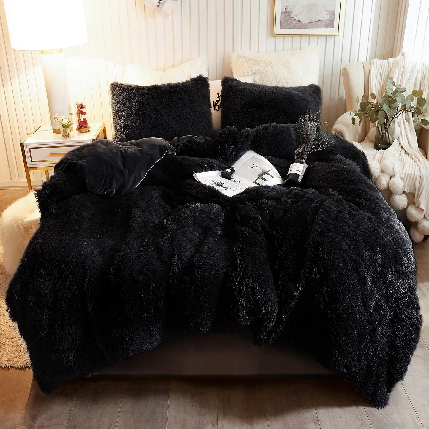 XeGe Plush Shaggy Duvet Cover Set, Luxury Ultra Soft Crystal Velvet Fluffy Bedding Sets 2 Pieces(1 Faux Fur Furry Comforter Cover + 1 Fuzzy Faux Fur Pillow Case), Zipper Closure (Twin, Black)