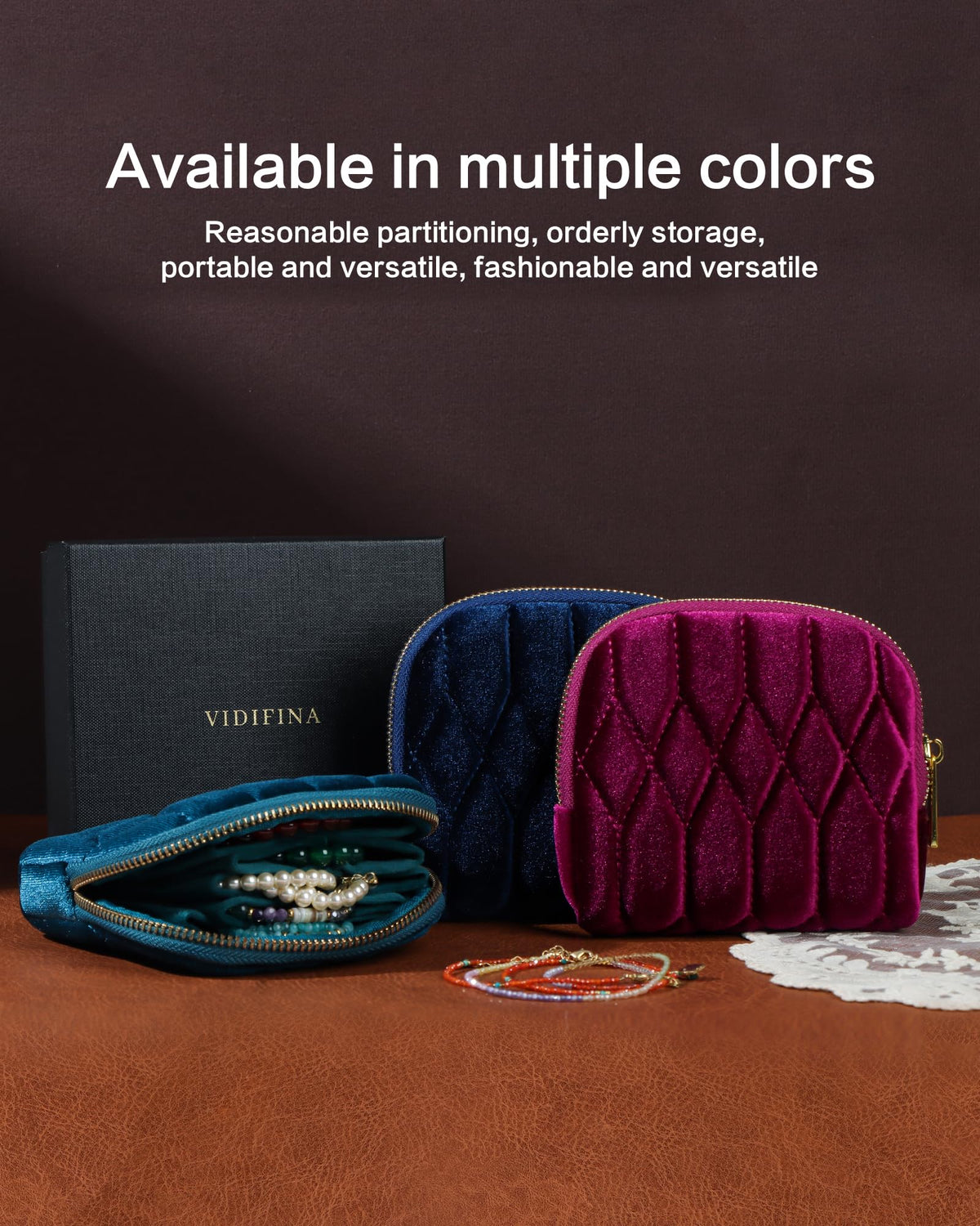 Vidifina Small Travel Jewelry Case, Mini Travel Jewelry Bag with Zipper, 5-Layer Velvet Organizer Pouch for Bracelet Rings Earrings - Diamond Stitched Velvet Rose Purple