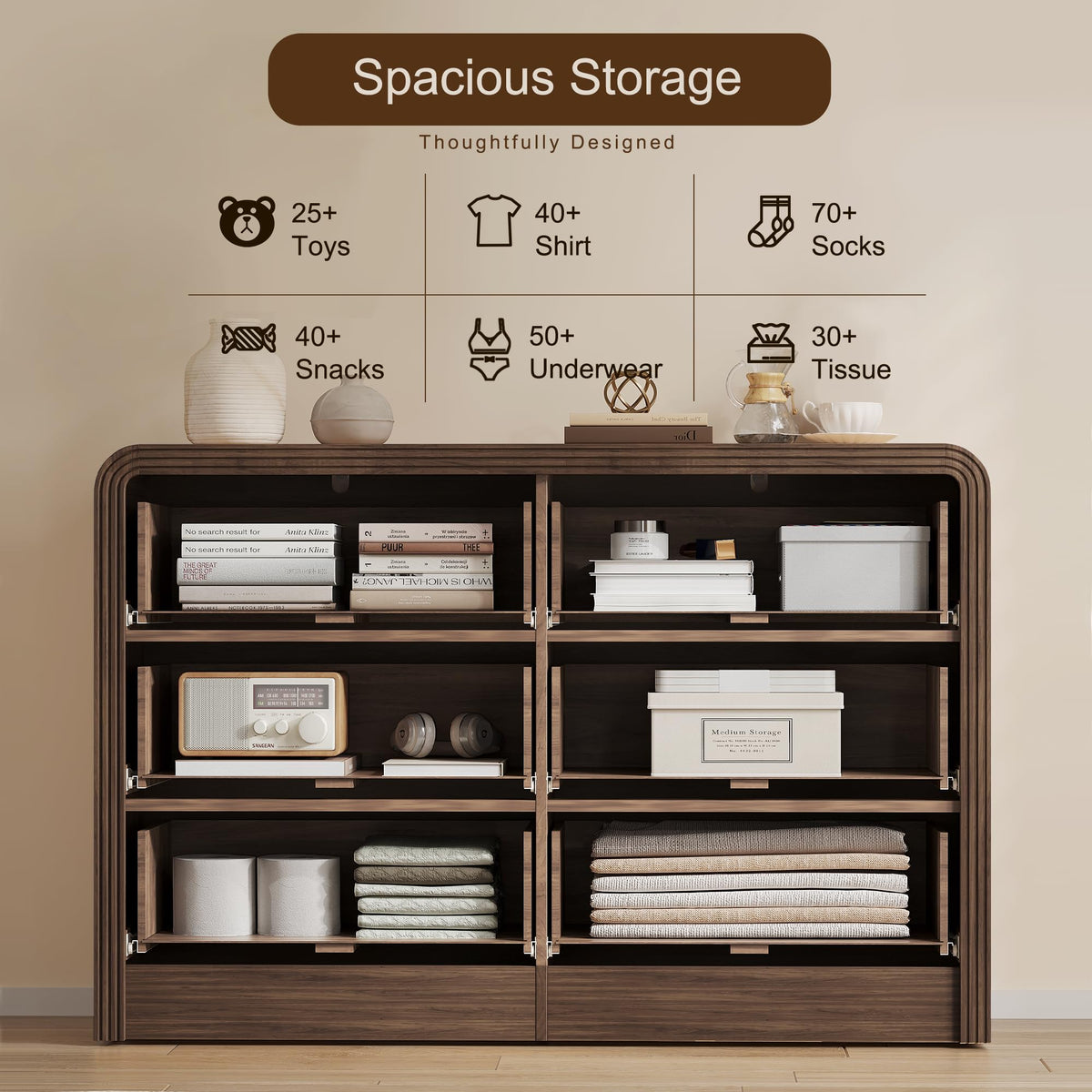 Decofy Fluted Drawers Dresser for Bedroom, Wood Dressers with Gold Handles, Modern Dressers with Wave Texture, Large Storage Chest of Drawers, Bedroom Dresser Organizer 47'' & 6 Drawers (Walnut)