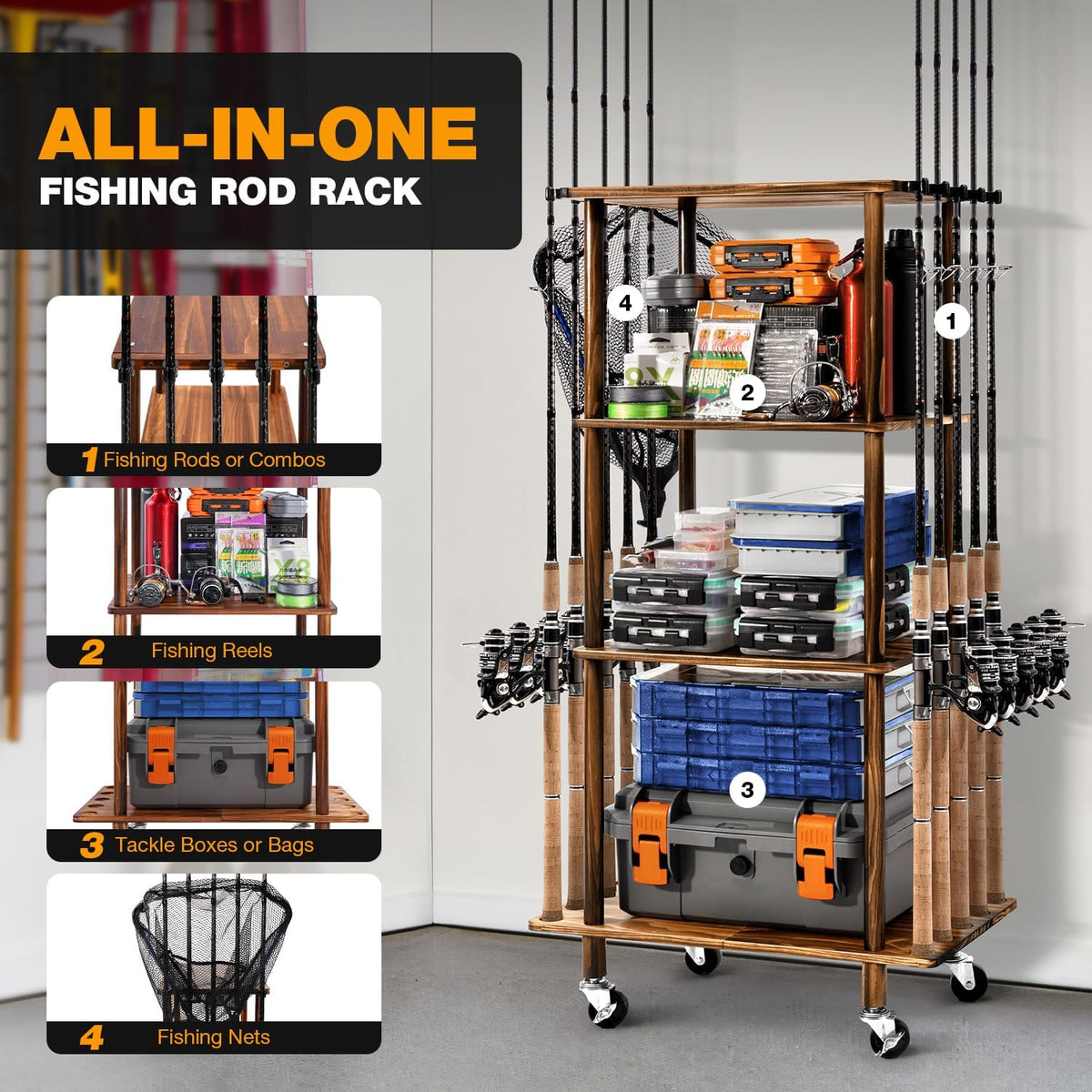 Ghosthorn Fishing Rod Holders Fishing Pole Rack for Garage Hold up to 10 Rods Wooden Fishing Pole Holders Organizer Fishing Rod Rack Fishing Gear Storage Equipment(Carbonization，4 Tier)