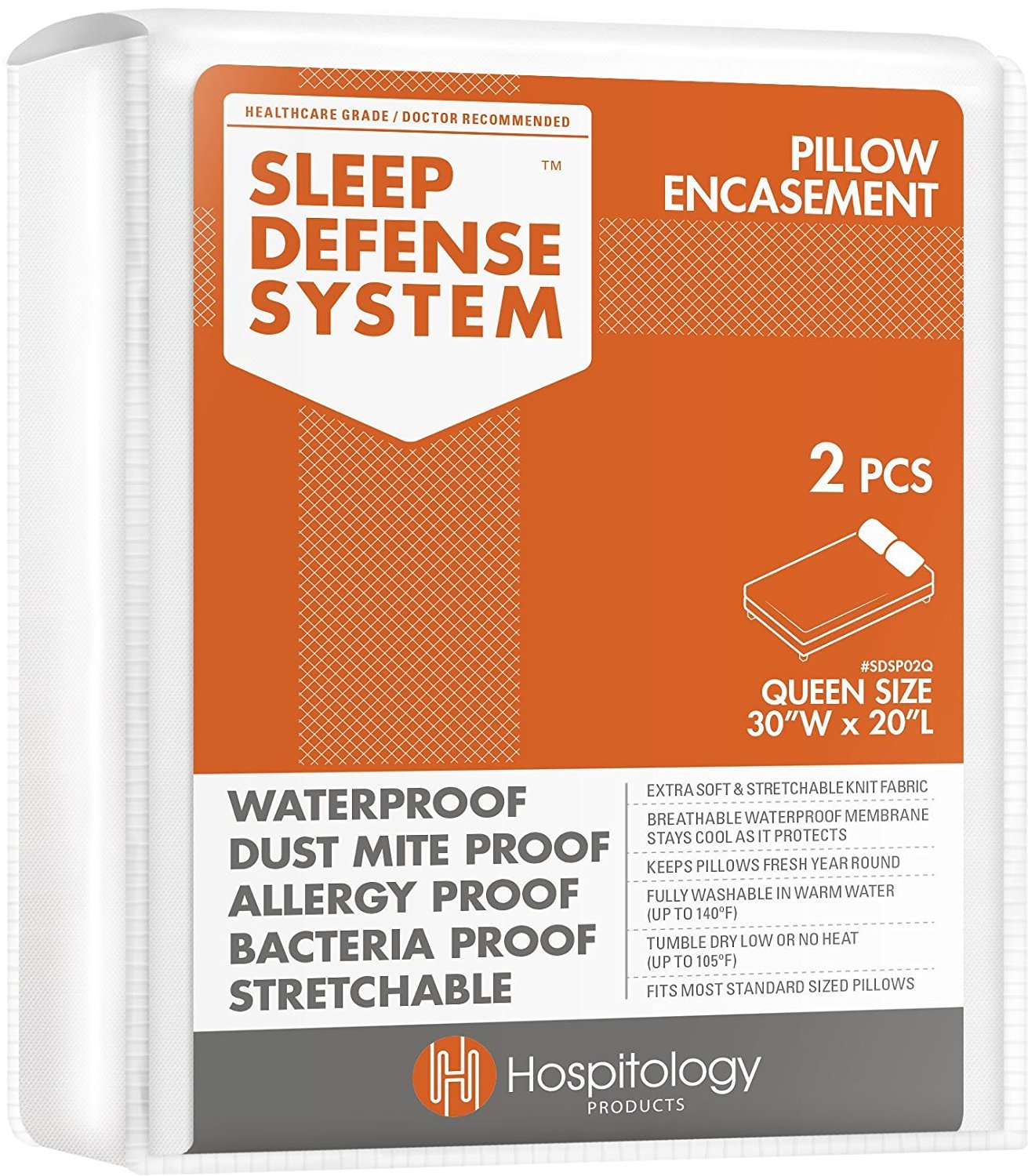 HOSPITOLOGY PRODUCTS Pillow Encasement- Zippered Bed Bug Dust Mite Proof Hypoallergenic - Sleep Defense System - Queen - Waterproof - Set of 2 - 20" H x 30" W