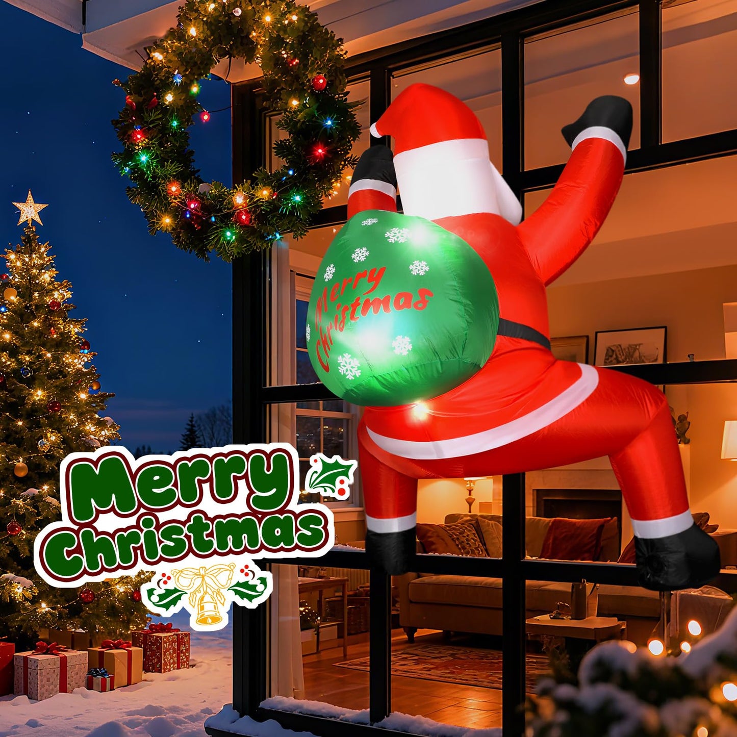 6FT Christmas Inflatable Outdoor Decorations Hanging Santa Built-in Bright LEDs, Blow Up Climbing Santa Claus with Gifts Bag, Giant Christmas Decor for Window Wall Outdoor Xmas Holiday Party Lawn
