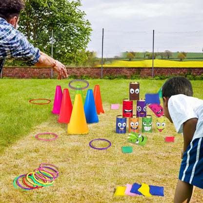 Waenerec 36PCS Carnival Games Combo Set 4 in 1 Bean Bag Toss Can Games Plastic Cone Ring Toss Game for Indoor Outdoor School Field Day Birthday Party Yard Game for Kids Adults