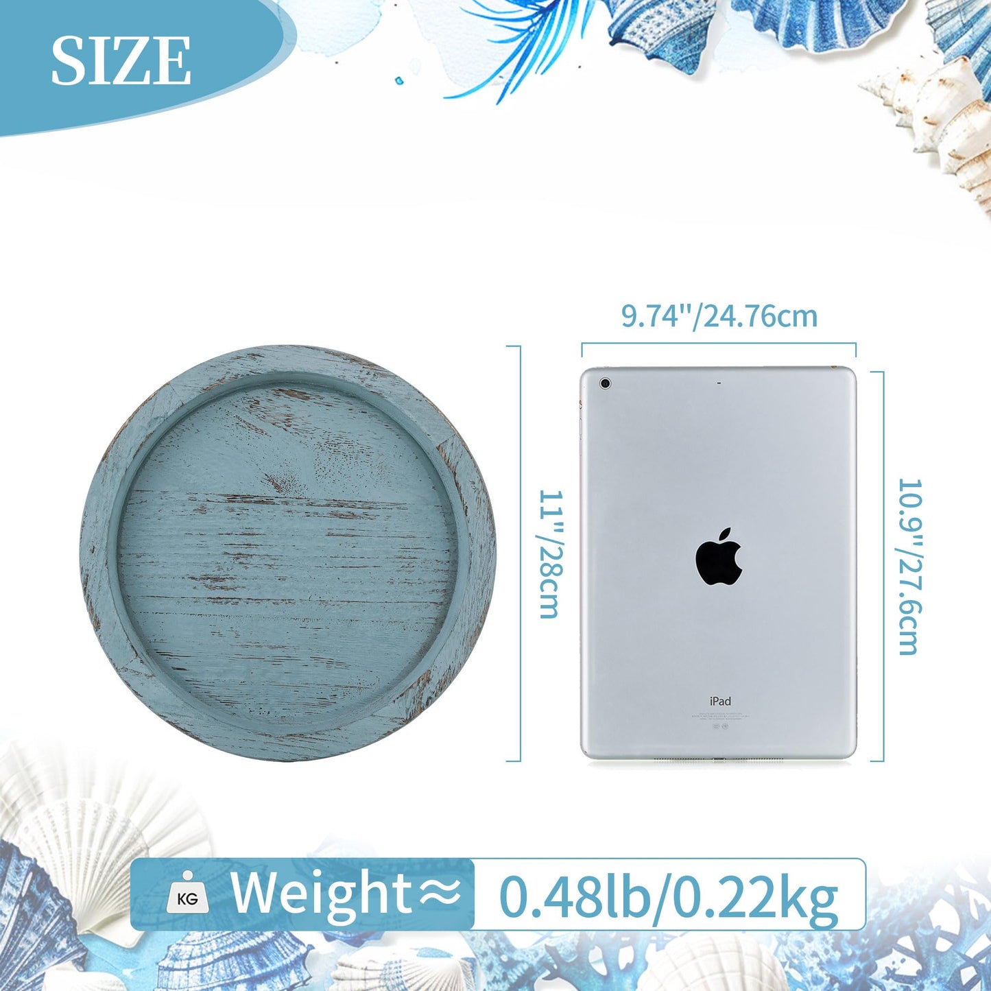 Hanobe Beach Decor Decorative Tray: Farmhouse Coastal Tray for Nautical Themed Decorations Coffee Table - Round Wooden Trays Ocean Style for Bathroom Countertop Centerpiece Rustic Blue