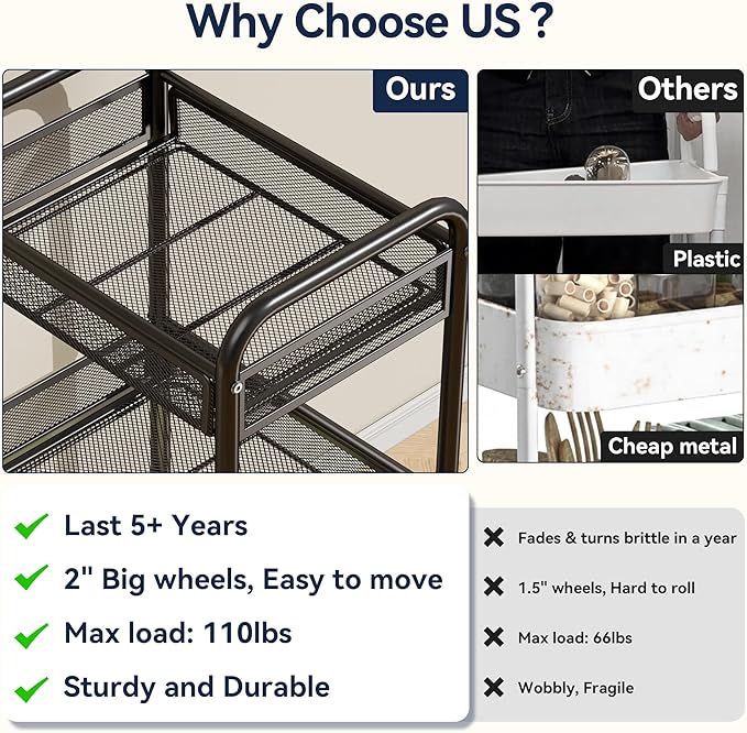 YASONIC 3 Tier Rolling Cart – Metal Utility Storage Carts