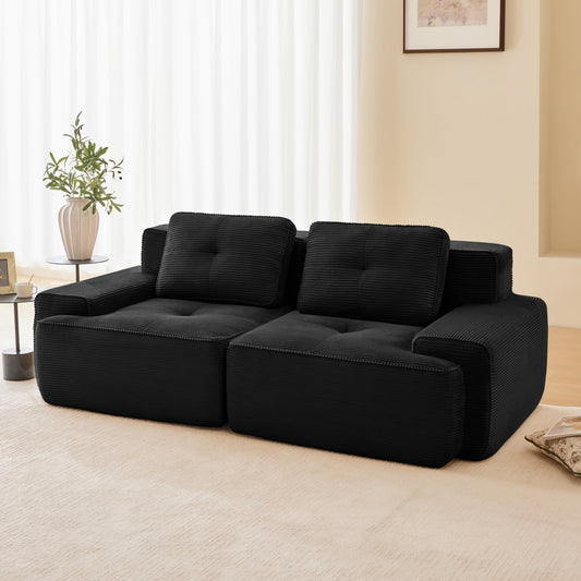 KEIKI 80" Oversized Corduroy Modular Sectional Loveseat Sofa with High-Density Foam Cushion & 2 Pillow, Upholstered Anti-slip Design 2-Seater Tufted Couch, No Assembly Required, for Living Room, Black