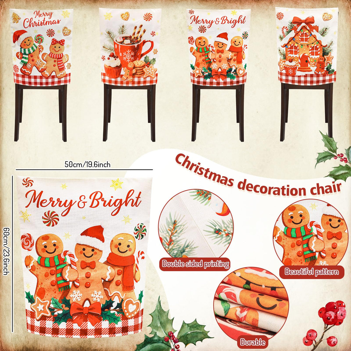 Whaline 4Pcs Christmas Chair Back Cover Red White Plaid Gingerbread Man Candy Cookie Seat Covers Dining Chair Slipcover Protector for Winter Xmas Home Kitchen Decor