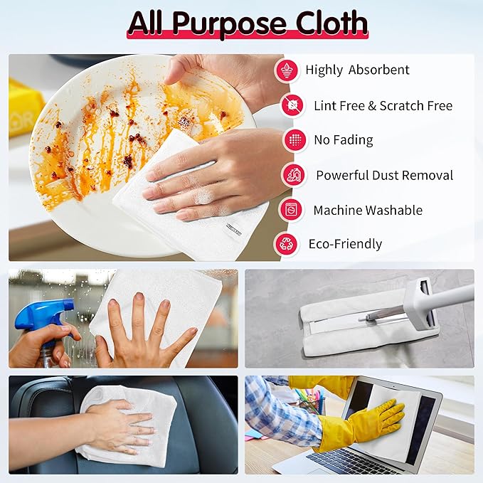 FIXSMITH White Microfiber Cleaning Cloth -Pack of 12, Highly Absorbent Cleaning
