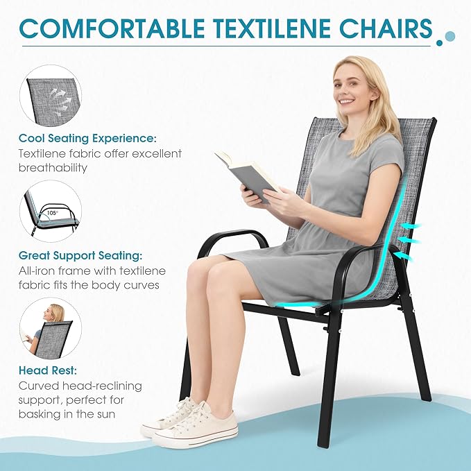 Outdoor Stackable Chairs Set of 8, Stacking Patio Chairs with Textilene Fabric, Outside Furniture for Garden Backyard Balconie Poolside Deck, Grey