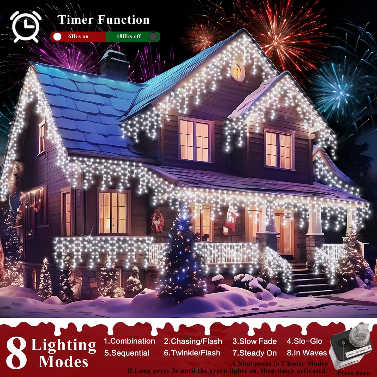 XURISEN 66ft Christmas Lights Decorations Outdoor, 640 LED 8 Modes Curtain Fairy Lights with 120 Drops,Plug in Waterproof Timer Memory Function for Christmas Holiday Wedding Party Decor(Cool White)