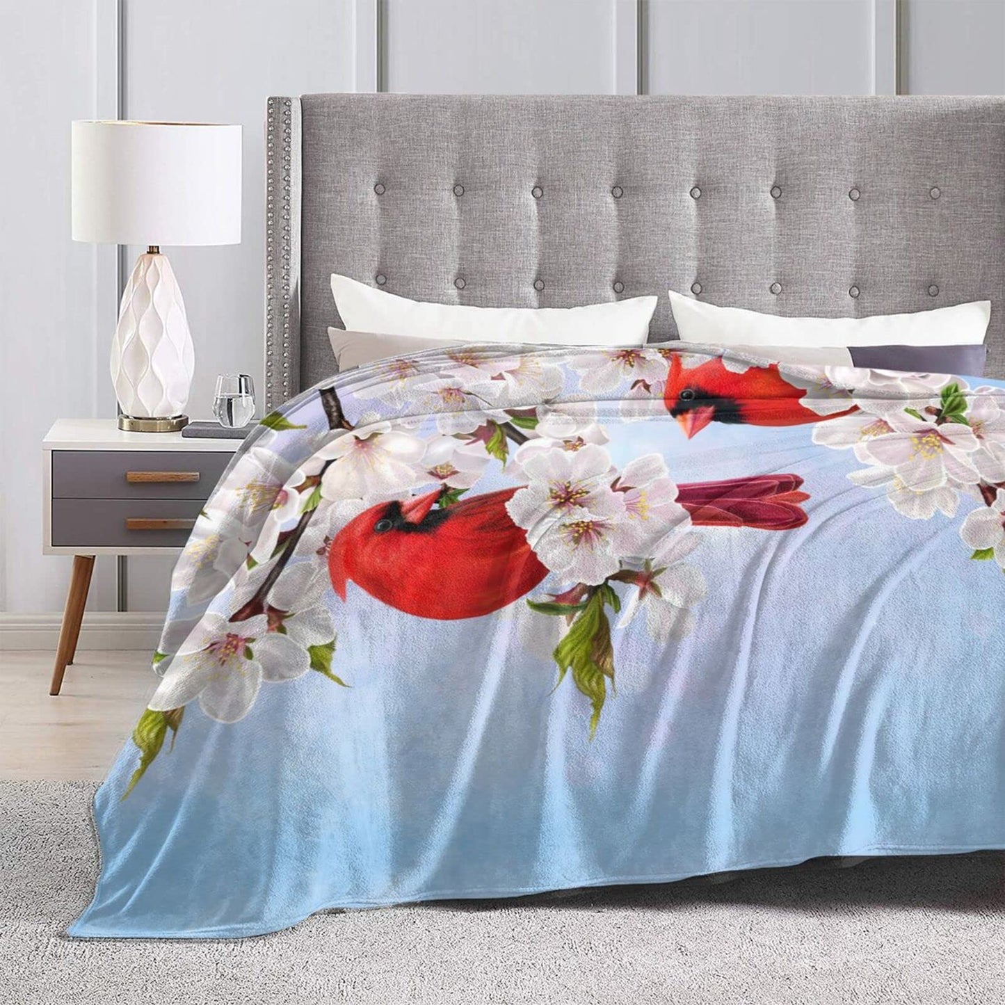 Perinsto Red Cardinal Birds and Cherry Flowers Throw Blanket Ultra Soft Warm All Season Decorative Fleece Blankets for Bed Chair Car Sofa Couch Bedroom 50"X40"