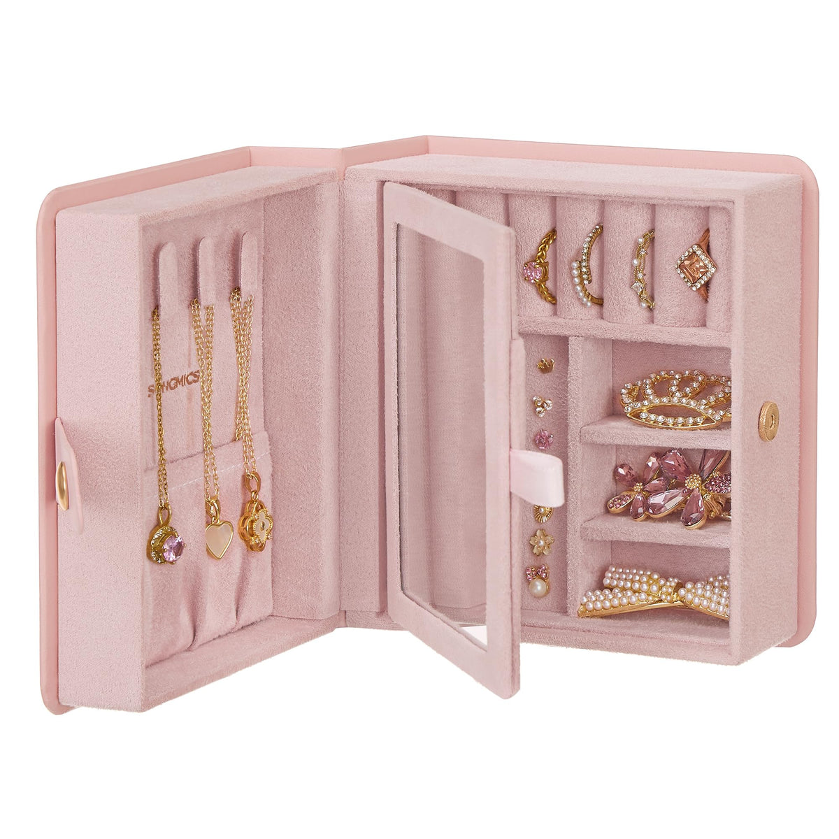 SONGMICS Jewelry Box Organizer with Mirror, Travel Jewelry Case with Pocket for Bracelet, Interlayer, 4.6 x 5.2 x 2.8 Inches, Portable, Book Design, Faux Suede Lining, Gift Idea, Jelly Pink UJBC189R01