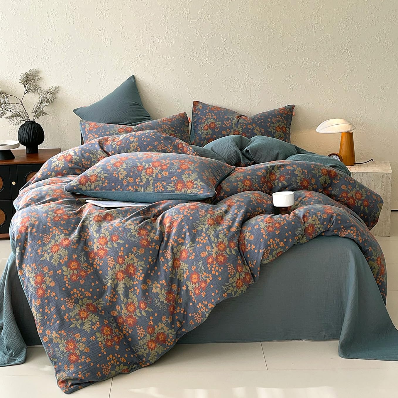VM VOUGEMARKET Rustic Double Layer Gauze Jacquard Duvet Cover Queen, Dusty Slate Blue with Retro Orange Floral Print, Soft Breathable Boho Comforter Cover with Zipper&Ties