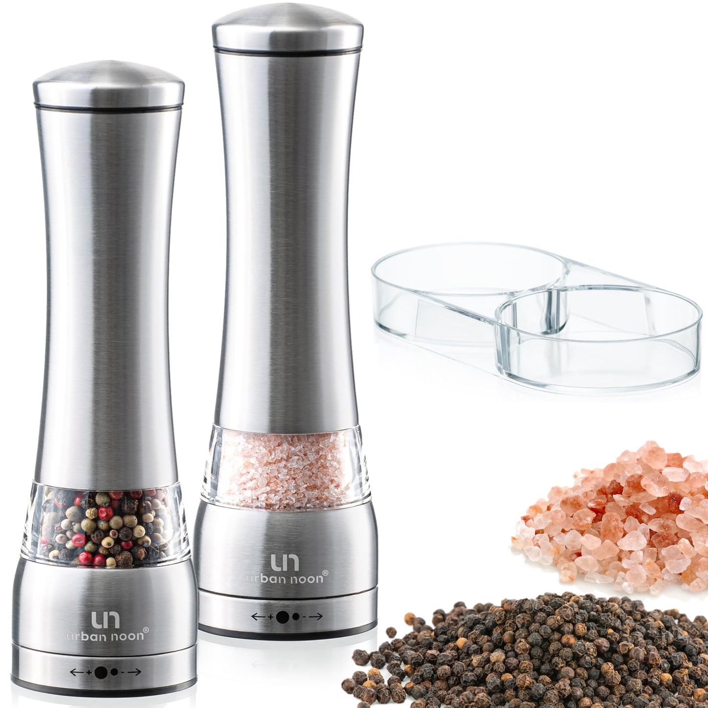 Salt and Pepper Grinder Set - Large Capacity Stainless Steel Pepper Grinder and Salt Grinder with Tray in Luxurious Gift-Box - Manual Mills with Ceramic Grinders and Adjustable Coarseness (Set of 2)