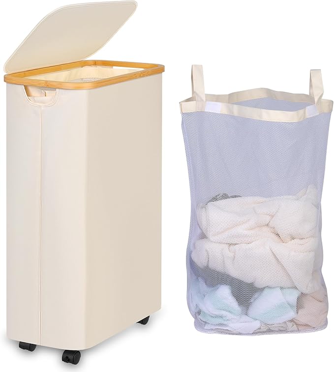 Laundry Basket with Wheels, 75L Beige Clothes Hamper