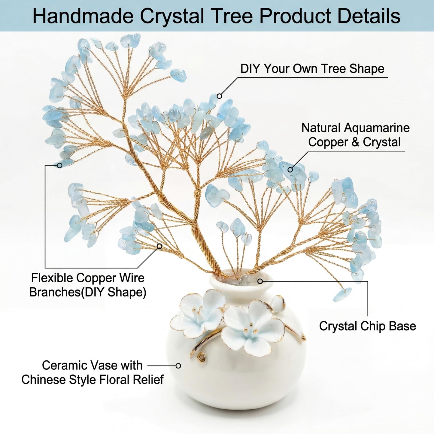 Aquamarine Crystal Tree of Life Decor, Large Chinoiserie Crystal Tree with Ceramic Vase and Gift Box, Blue Healing Money Feng Shui Tree Luck Reiki Balancing Energy Decoration for Women Men Gifts