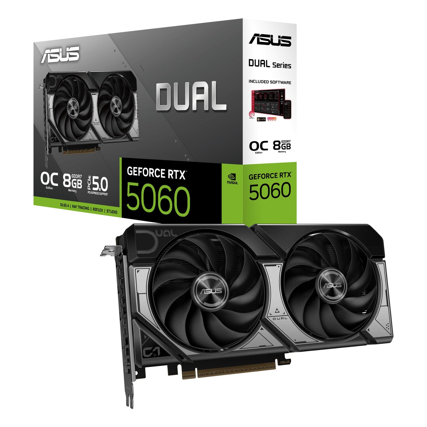 ASUS Dual GeForce RTX 5060 8GB GDDR7 OC Edition (PCIe 5.0, 8GB GDDR7, DLSS 4, HDMI 2.1b, DisplayPort 2.1b, 2.5-slot design, Axial-tech fan design, 0dB technology)