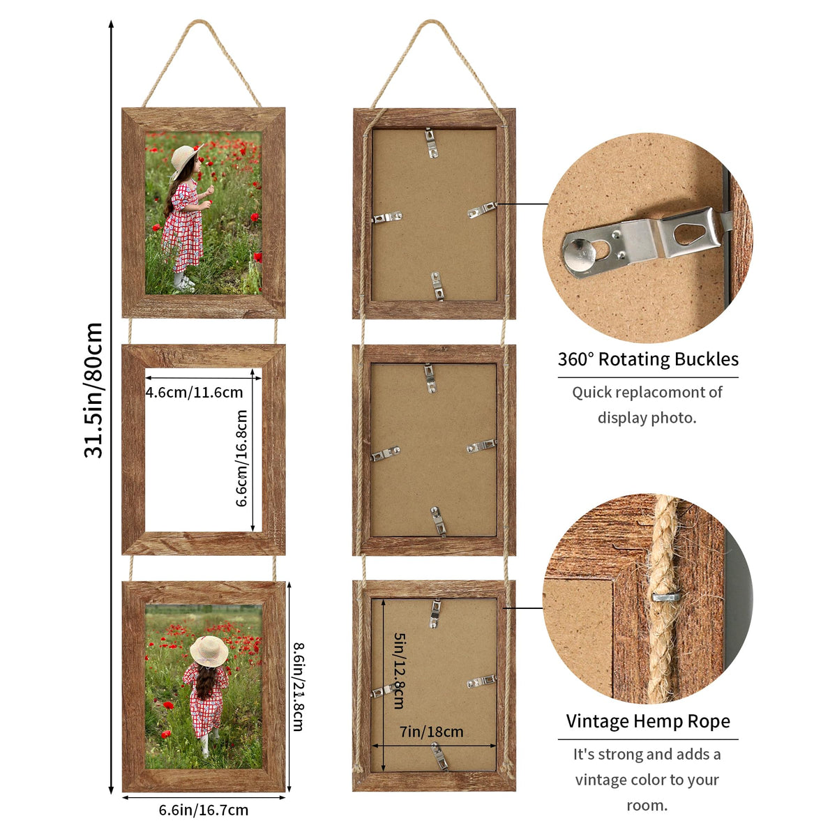ccdcc 5x7 Collage Picture Frames Set of 2, Rustic Wooden Real Glass Vertical Hanging 3 Opening 5 by 7 Photo Frame, Rustic Brown