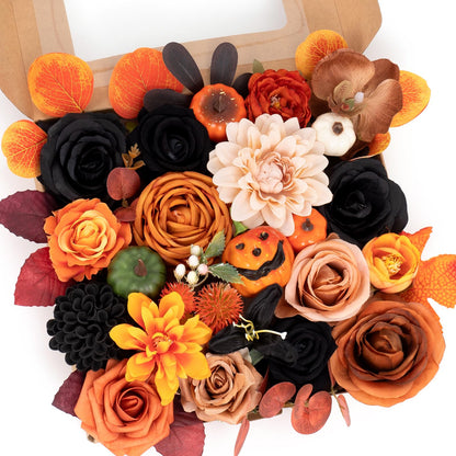 WEIERYUE Halloween Decor Artificial Flowers Black Roses with Pumpkins, Box Set Fake Flowers for, Indoor and Outdoor Front Party Party Decorations (Halloween Pumpkins are Orange and Black)