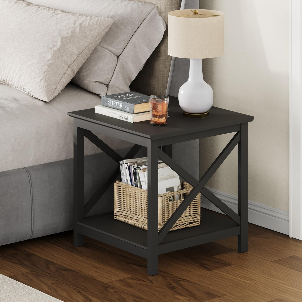 ChooChoo End Table, 24 Inch End Table with 2-Tier Storage Shelf, Side Table for Living Room, Wood Nightstand for Bedroom, Office, Painted Surface, Black