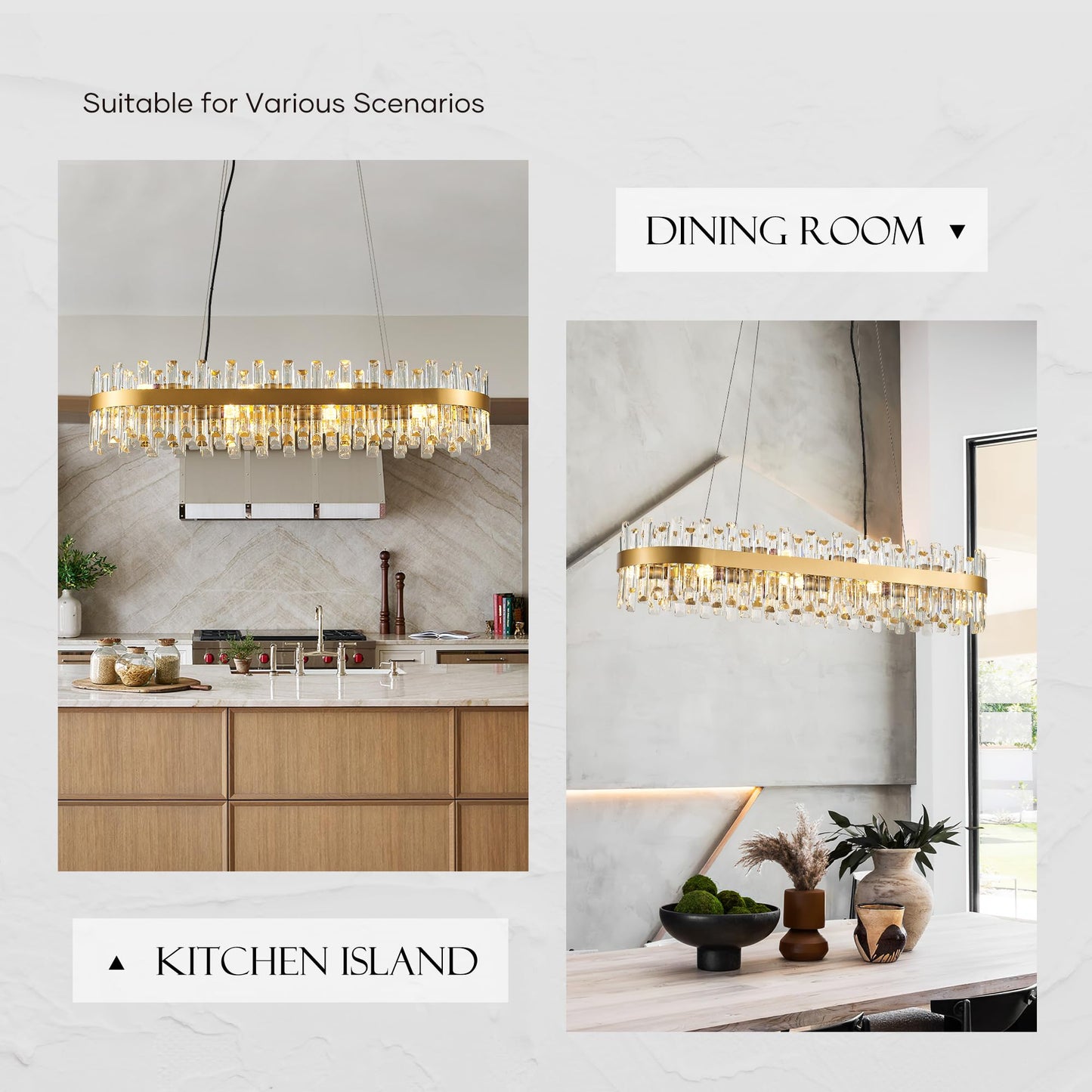 lighceac 39" Modern Gold Rectangle Crystal Chandelier Light Fixtures for Kitchen Island Luxury Linear Crystal Chandeliers for Dining Room 16-Light Long Hanging Pendant Lighting for Entryway Foyer Bar