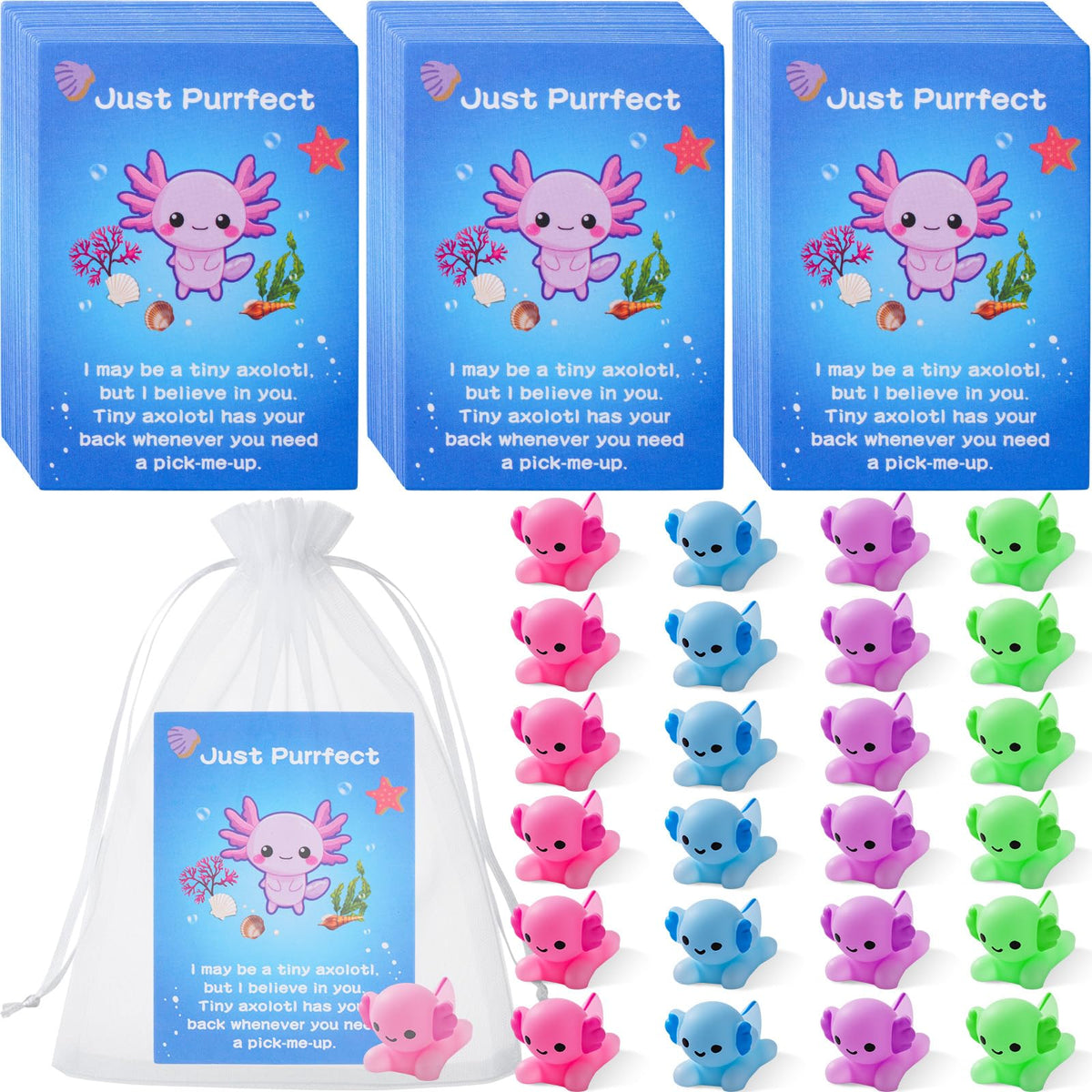 Soulchen 24 Set Employee Appreciation Gift Bulk for Coworker Axolotl Squeeze Gifts for Stress Relief Motivational Inspirational Note Card, Organza Bag Staff Valentine's Day Thank You Gift