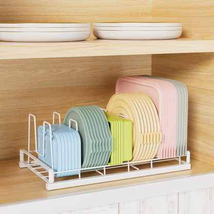 GAGUIUP Food Container Lid Organizer, Adjustable 6 Dividers Full-Metal Pot and Pan Organizer Rack for Kitchen Cabinets, Drawers, Cupboards, Pantry Shelves Storage, White