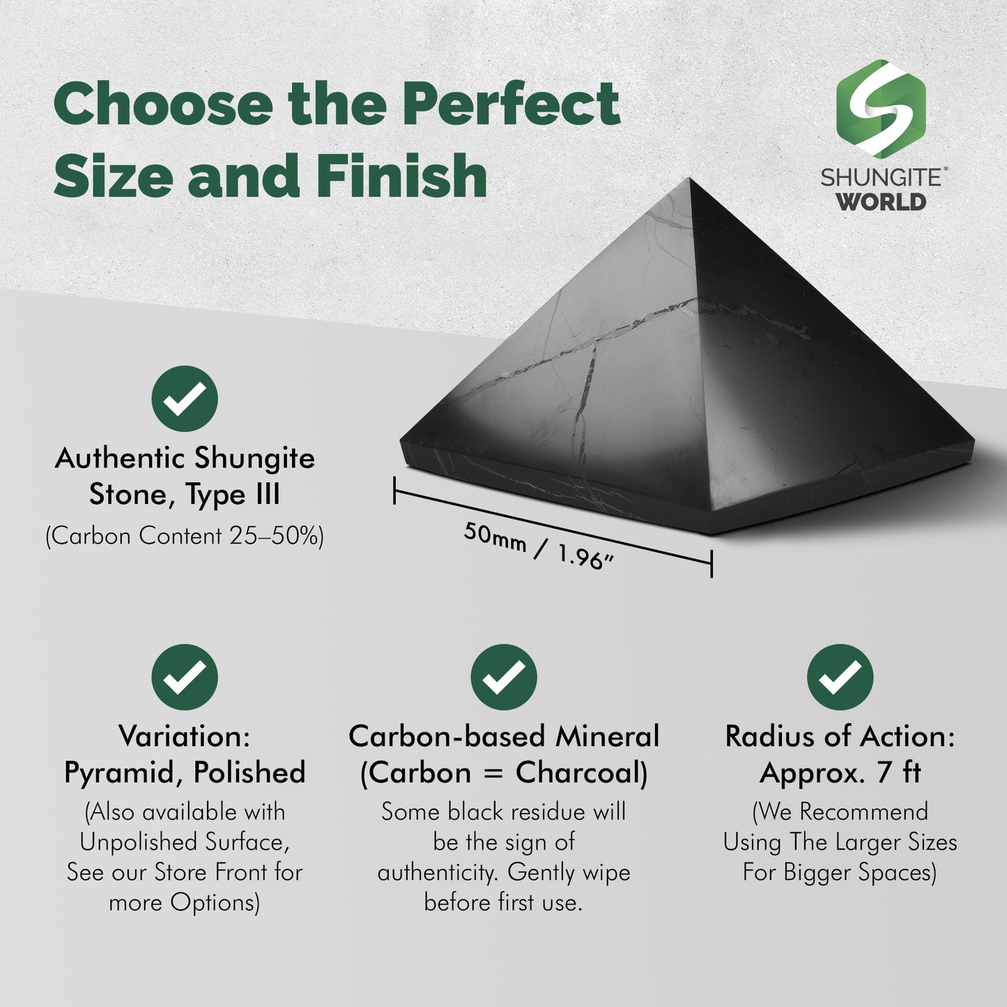 Shungite World Authentic Shungite Pyramid Polished 50 mm / 1.96" Chakra Energy Natural Healing Crystal Real Black Pyramid Home Office Protection Desk Decor Meditation Reiki Grounding Stone