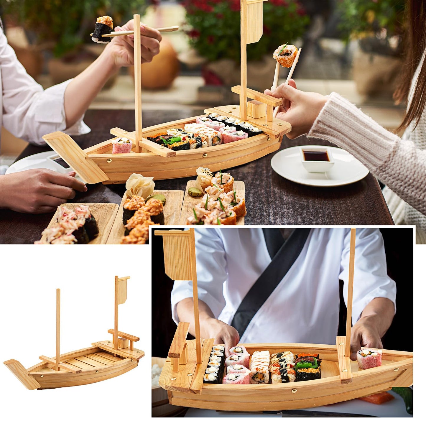 Juexica Wooden Sushi Boat Serving Tray Japanese Sushi Plate for Restaurant Sushi Tray Wood Serving Boat Plate for Food Display Home Wedding Birthday Party (Light Wood Color,24 Inch)
