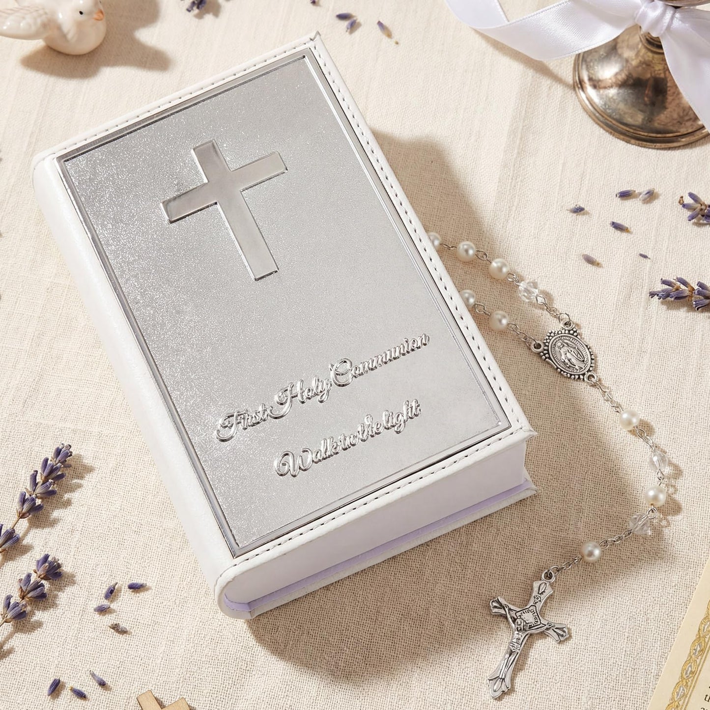 Liliaafar First Communion Rosary Beads Necklace Gifts with Engraved Keepsake Gift Box 20.5 Inch Stainless Steel Glass Beads Catholic Rosary with Cross for First Holy Communion