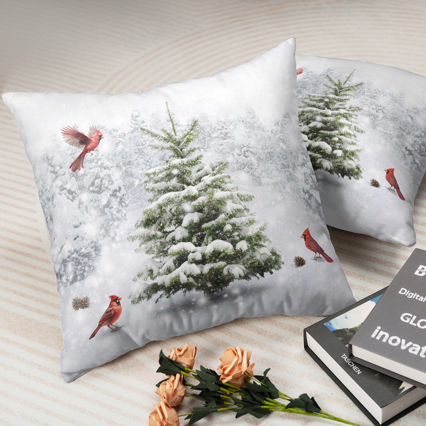 Kwlegh Winter Throw Pillow Covers 18X18 Snowy Natural Forest Decorative Pillow Case Set of 2 Green Pine Tree with Cardinal Birds Cushion Case for Couch Living Room Patio