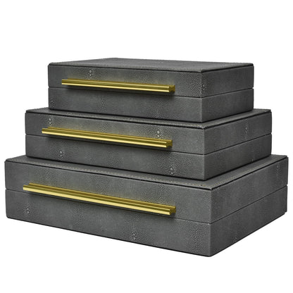 DECOR4SEASON Faux Shagreen Decorative Storage Boxes – Set of 3 Stackable Jewelry Organizers with Gold Metal Handles & Velvet Lining, Modern Grey Box for Vanity, Entryway & Coffee Table Décor