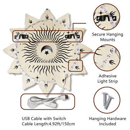 FNYDOX Chakra Lotus Flower Crystal Display Shelf with LED Light, Witchy Home Decor Boho Decorative Wall Mounted Trinket Shelf Wooden Sun Moon Shelf Rock Case Stone Storage Floating Hanging Holder