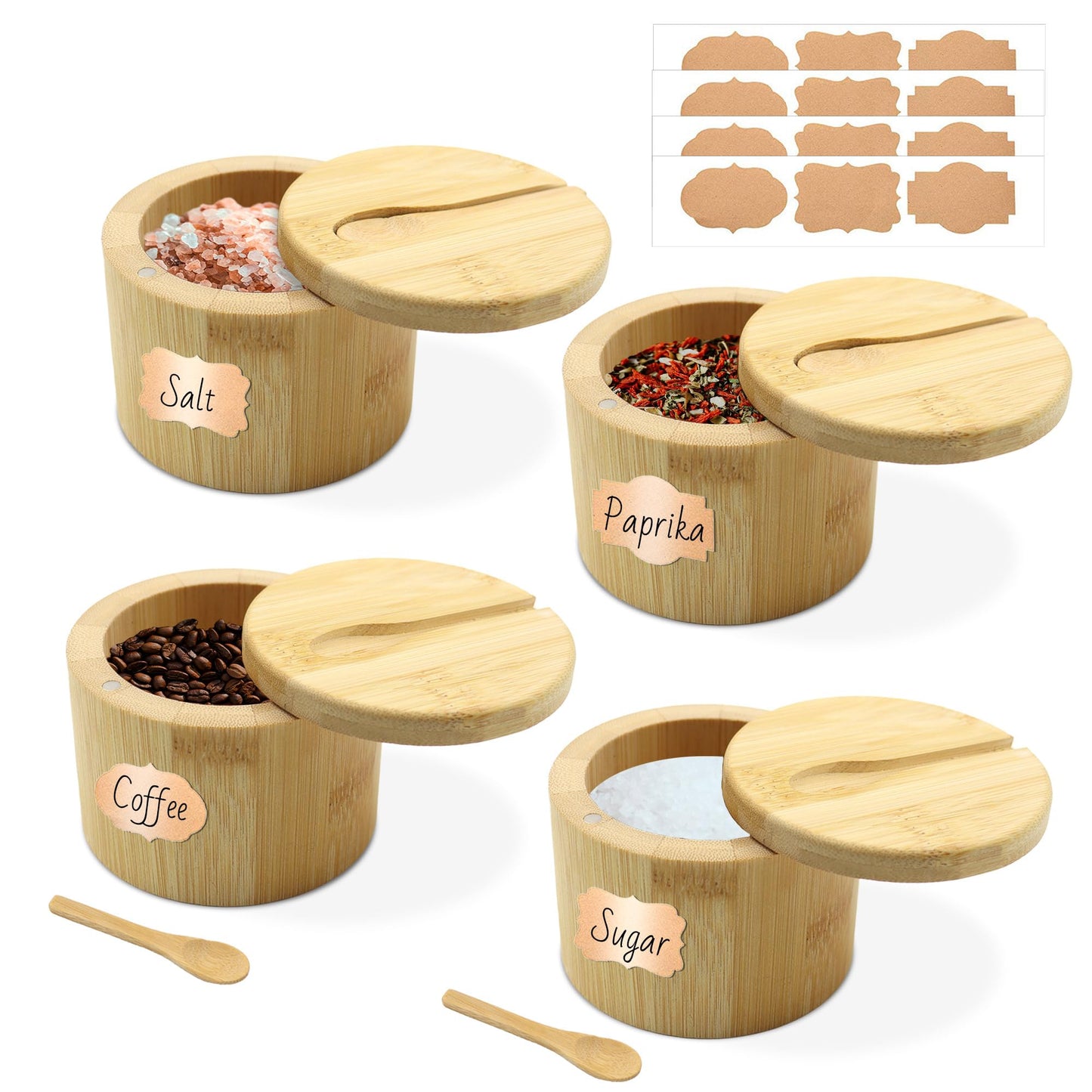 YITOBA 4 Pcs Bamboo Salt Containers for Countertop, Salt and Pepper Bowls with Magnetic Swivel Lid & Spoon, Salt Shakers for Kitchen, Spices Storage Jars, Sugar Holder (4 Pack)