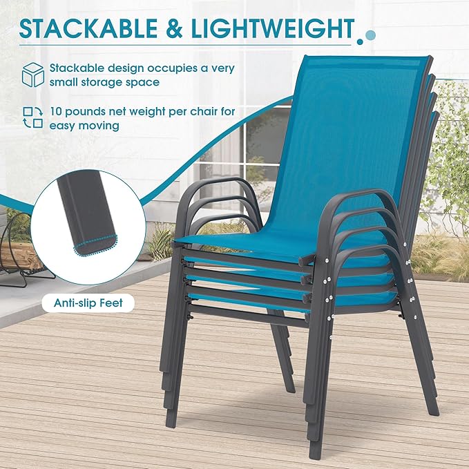 Outdoor Stackable Chairs Set of 4, Stacking Patio Chairs with Textilene Fabric, Outside Furniture for Garden Backyard Balconie Poolside Deck, Blue