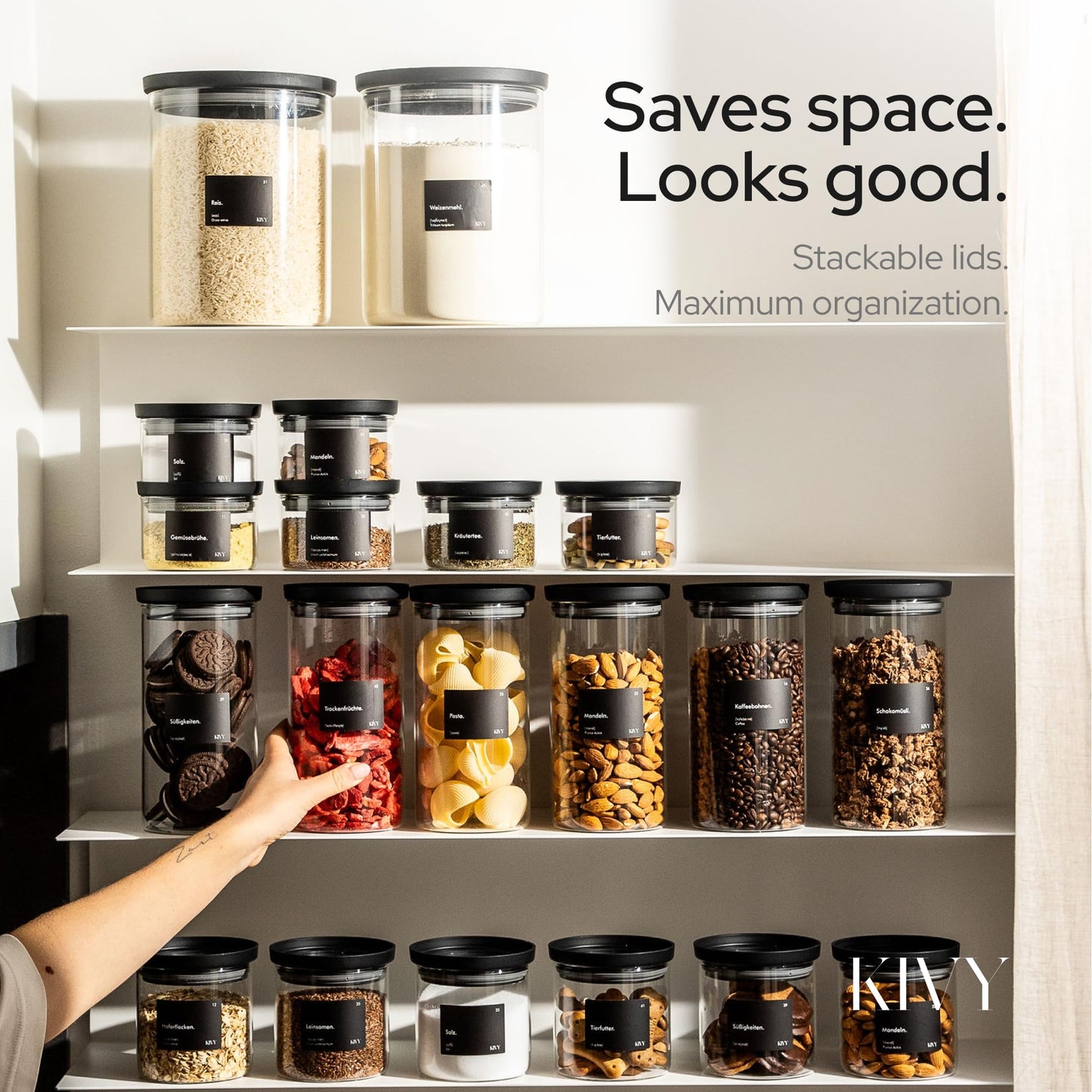 KIVY Airtight Glass Jars with Lids & Labels [4x 17oz] Stackable Glass storage jars with airtight lids - Black Glass Jars with airtight lid - Food Glass canisters with transparent lids